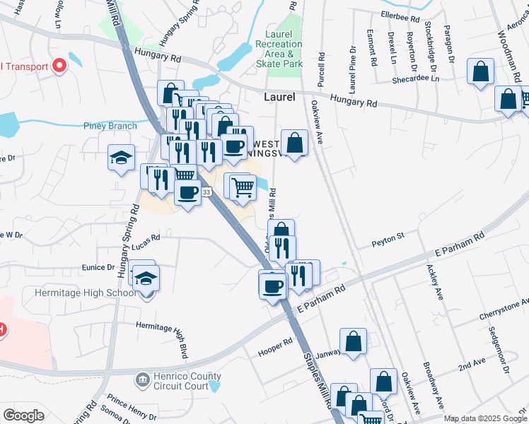 map of restaurants, bars, coffee shops, grocery stores, and more near 9016 Old Staples Mill Road in Richmond