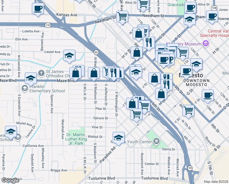 map of restaurants, bars, coffee shops, grocery stores, and more near 101 Maple Street in Modesto