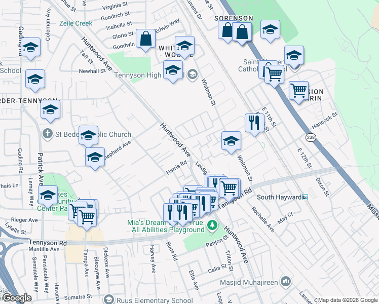 map of restaurants, bars, coffee shops, grocery stores, and more near in Hayward