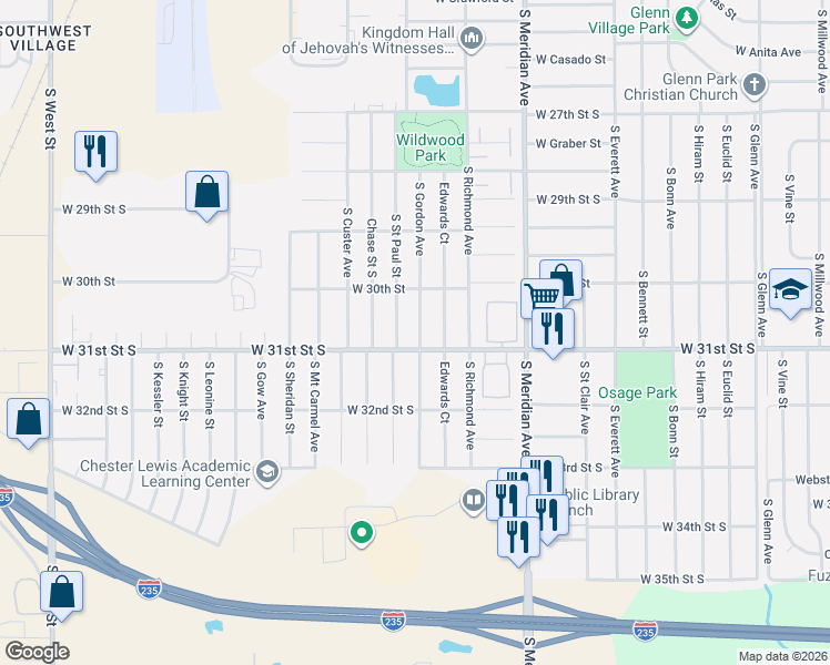 map of restaurants, bars, coffee shops, grocery stores, and more near 3122 Saint Paul South Street in Wichita