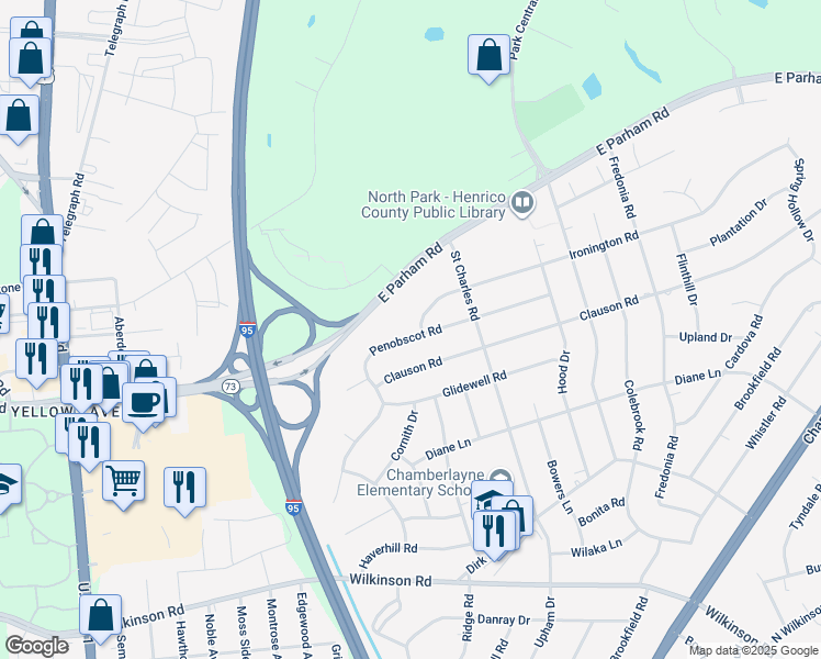 map of restaurants, bars, coffee shops, grocery stores, and more near 1112 Penobscot Road in Richmond