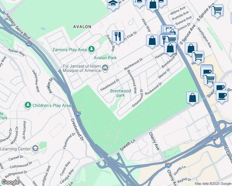 map of restaurants, bars, coffee shops, grocery stores, and more near 412 Briarwood Drive in South San Francisco