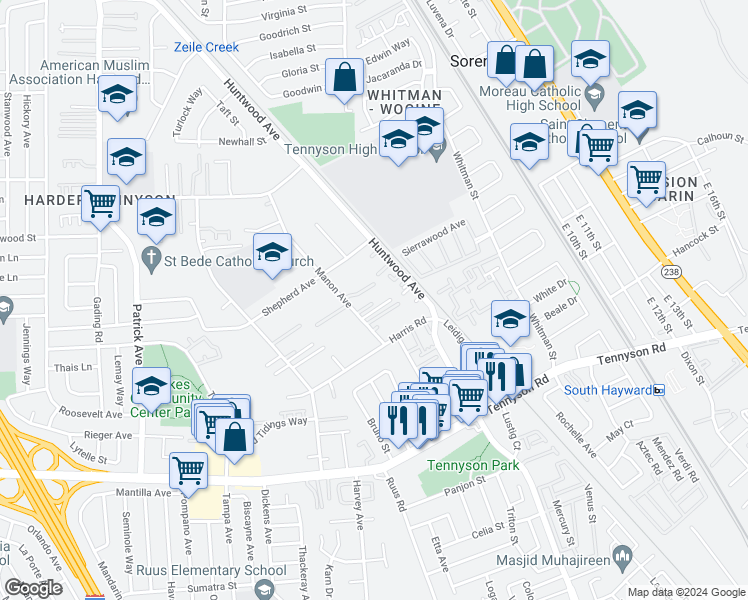 map of restaurants, bars, coffee shops, grocery stores, and more near 27418 Susan Place in Hayward