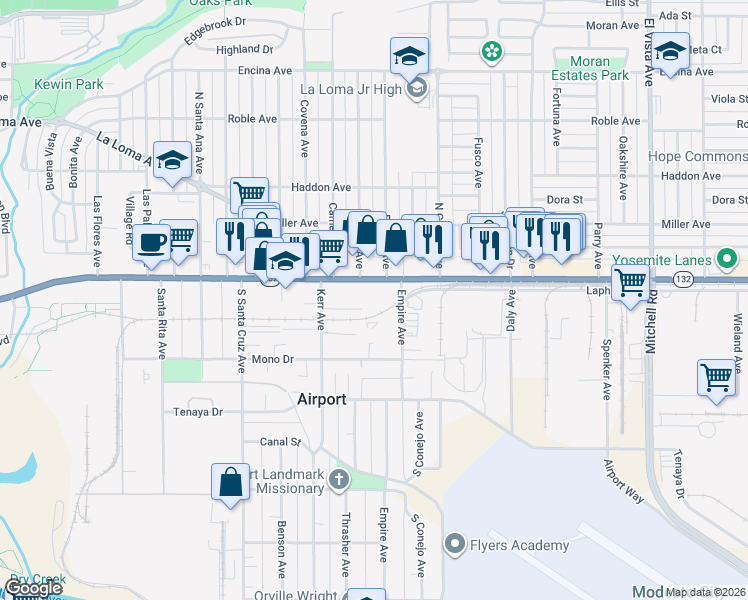 map of restaurants, bars, coffee shops, grocery stores, and more near 1600 Yosemite Boulevard in Modesto