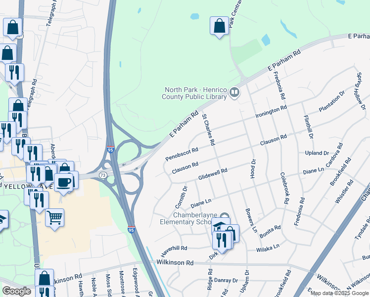 map of restaurants, bars, coffee shops, grocery stores, and more near 1112 Penobscot Road in Richmond