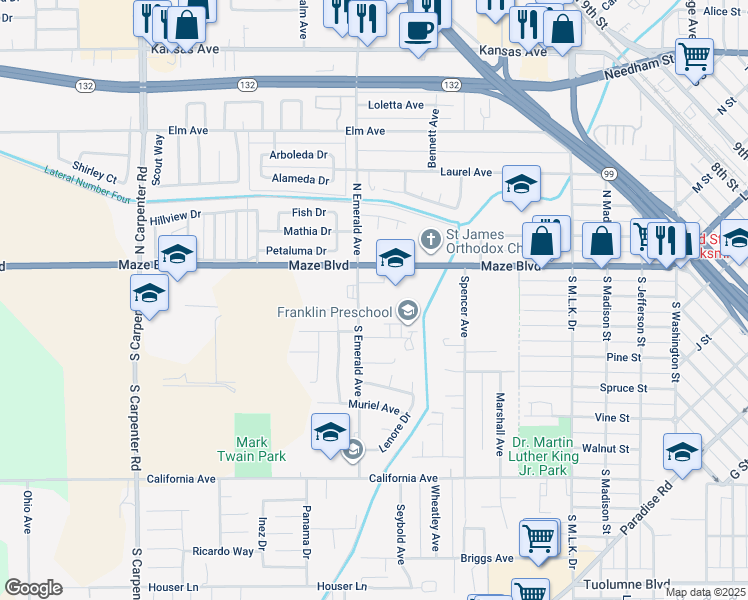 map of restaurants, bars, coffee shops, grocery stores, and more near 120 South Emerald Avenue in Modesto
