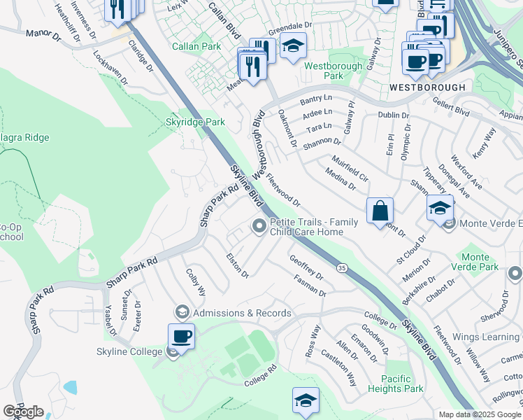 map of restaurants, bars, coffee shops, grocery stores, and more near Susan Drive & Pacific Bay Circle in San Bruno