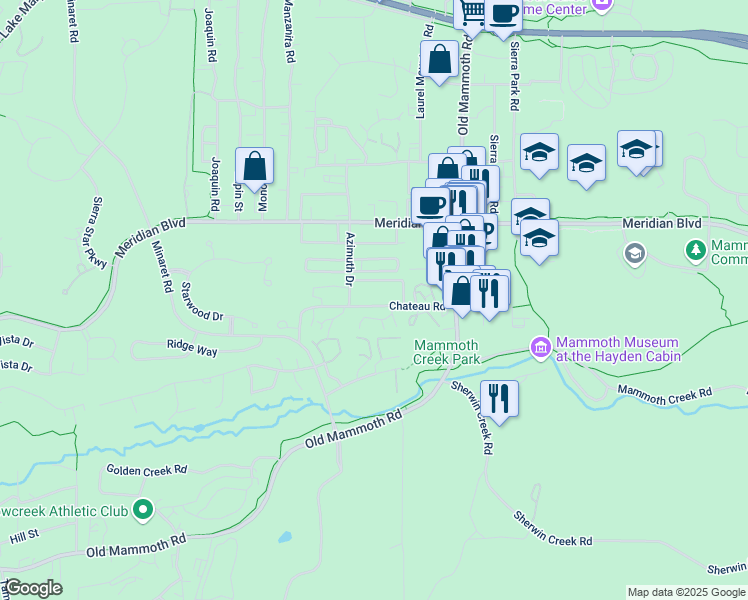 map of restaurants, bars, coffee shops, grocery stores, and more near 3252 Chateau Road in Mammoth Lakes