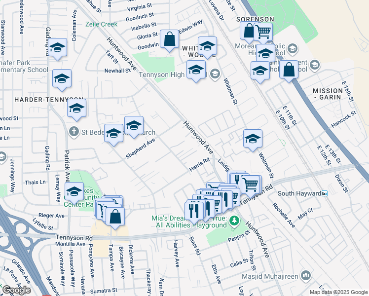 map of restaurants, bars, coffee shops, grocery stores, and more near 27340 Manon Avenue in Hayward