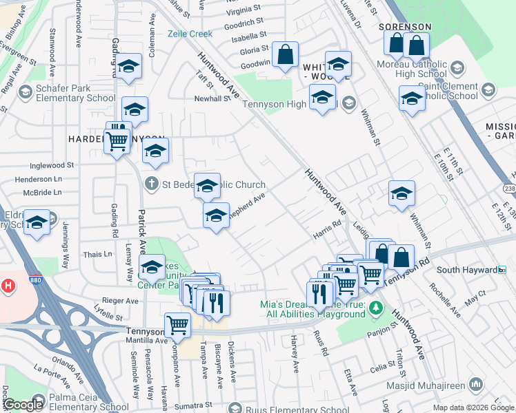 map of restaurants, bars, coffee shops, grocery stores, and more near 517 Shepherd Avenue in Hayward