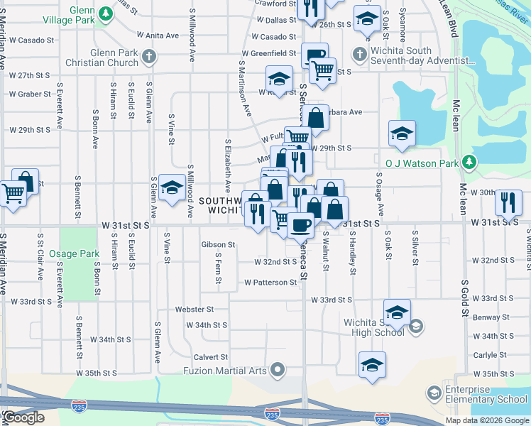 map of restaurants, bars, coffee shops, grocery stores, and more near 3165 South Seneca Street in Wichita