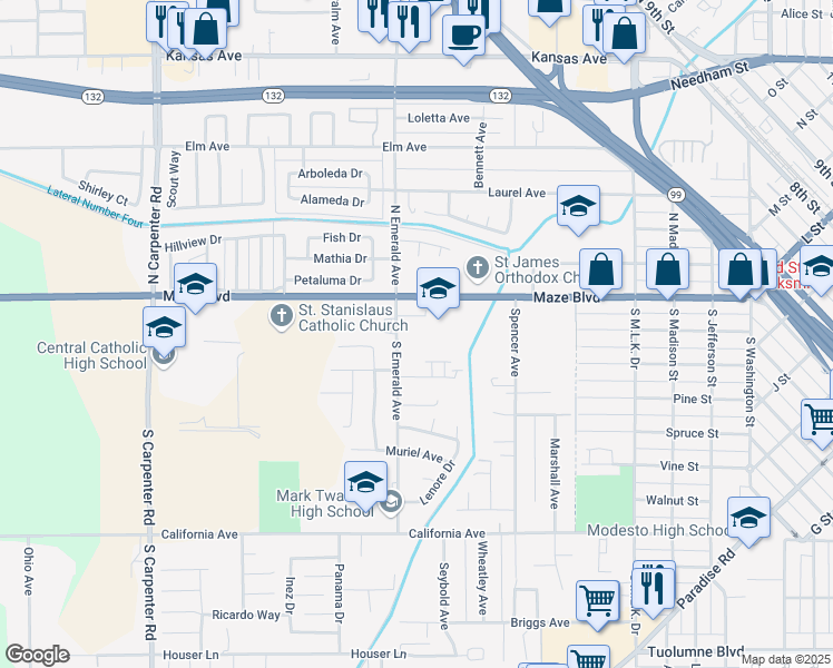 map of restaurants, bars, coffee shops, grocery stores, and more near 120 South Emerald Avenue in Modesto