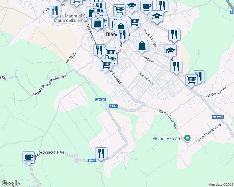 map of restaurants, bars, coffee shops, grocery stores, and more near Via Levanzo in Biancavilla