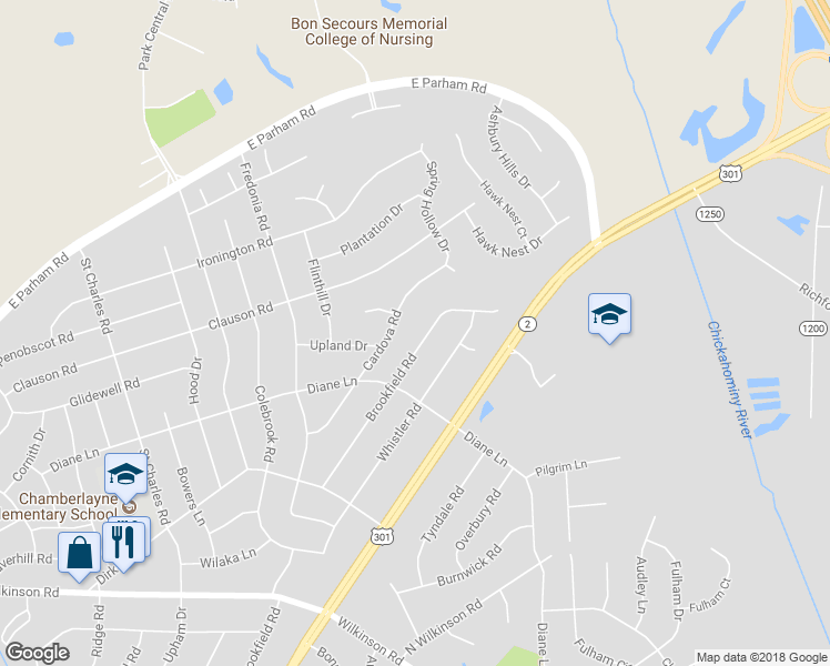 map of restaurants, bars, coffee shops, grocery stores, and more near 8306 Brookfield Road in Richmond