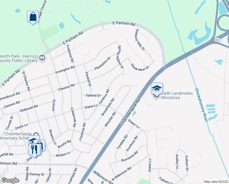 map of restaurants, bars, coffee shops, grocery stores, and more near 8306 Brookfield Road in Richmond