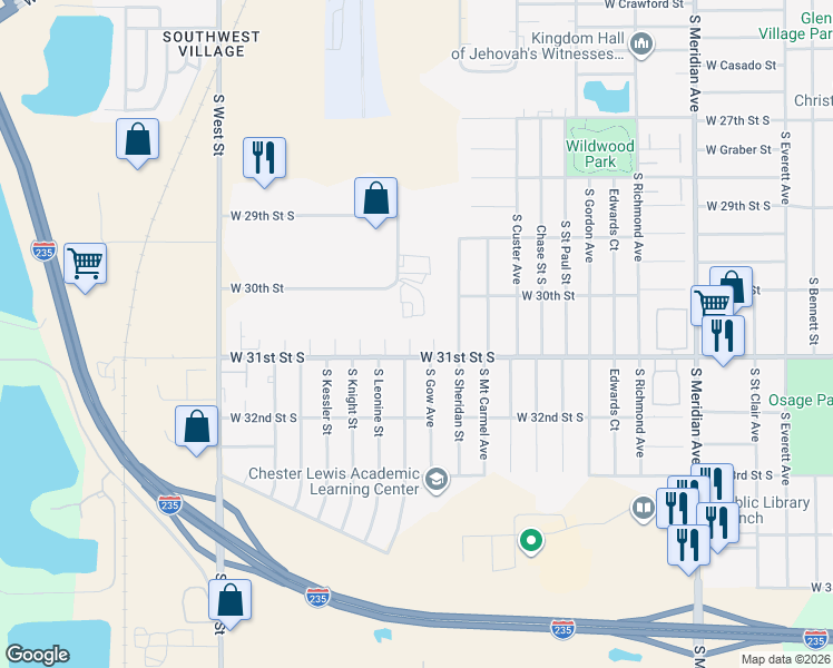map of restaurants, bars, coffee shops, grocery stores, and more near 3134 All Hallows Circle in Wichita