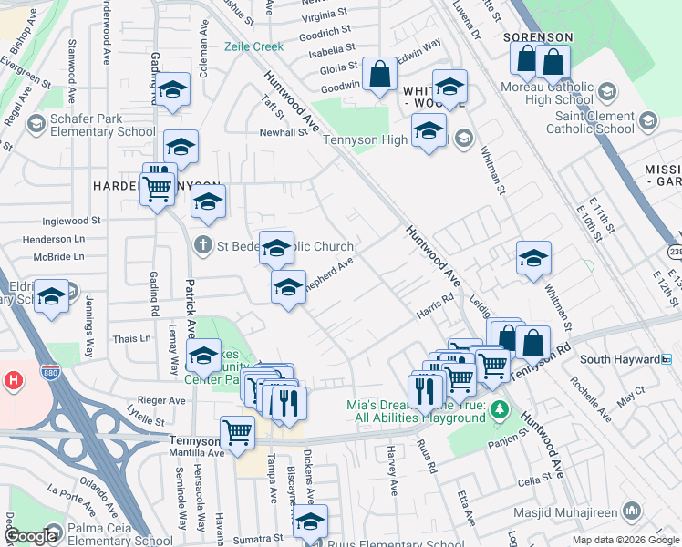 map of restaurants, bars, coffee shops, grocery stores, and more near 486 Shepherd Avenue in Hayward