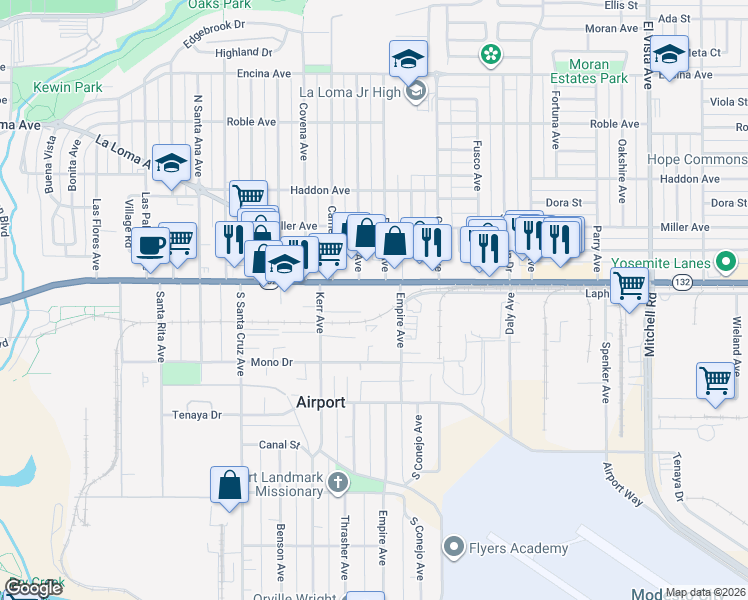 map of restaurants, bars, coffee shops, grocery stores, and more near 1600 Yosemite Boulevard in Modesto