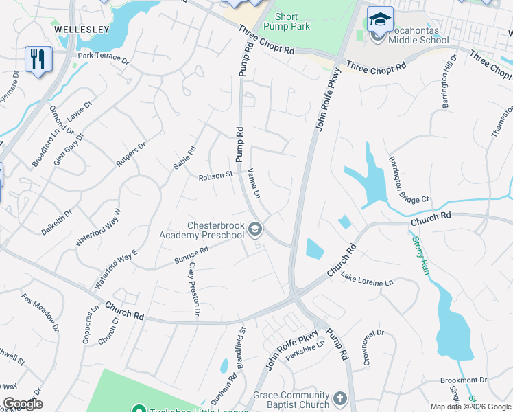 map of restaurants, bars, coffee shops, grocery stores, and more near 2922 Vanna Lane in Henrico