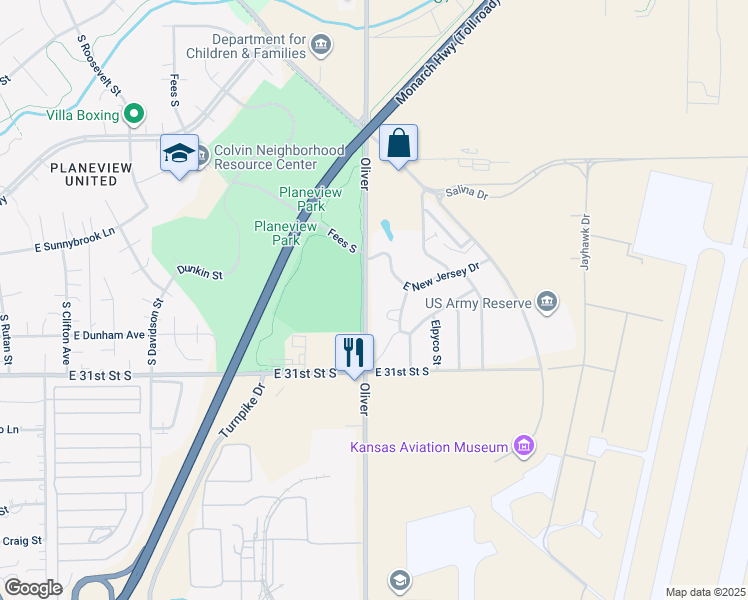 map of restaurants, bars, coffee shops, grocery stores, and more near 3037 South Valley Forge Street in Wichita