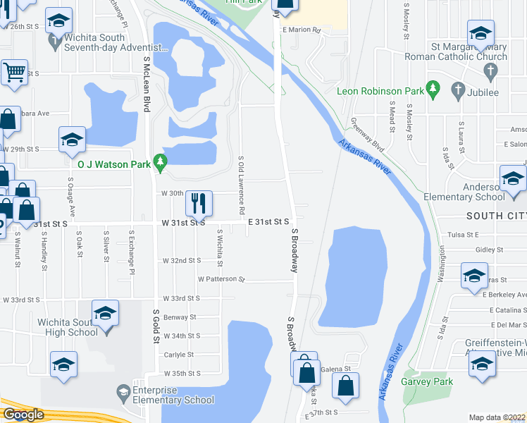 map of restaurants, bars, coffee shops, grocery stores, and more near 140 East 31st Street South in Wichita