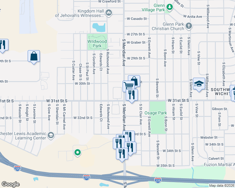 map of restaurants, bars, coffee shops, grocery stores, and more near 2526 West 31st Street South in Wichita