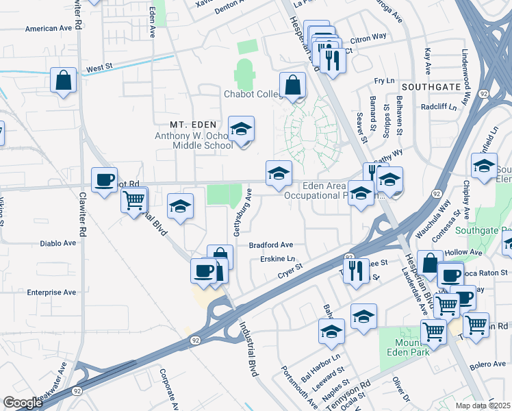 map of restaurants, bars, coffee shops, grocery stores, and more near 25843 Madeline Lane in Hayward