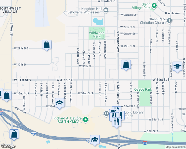 map of restaurants, bars, coffee shops, grocery stores, and more near 3122 Saint Paul South Street in Wichita