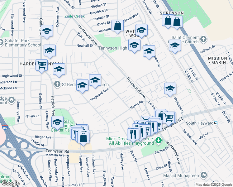 map of restaurants, bars, coffee shops, grocery stores, and more near 27288 Manon Ave in Hayward