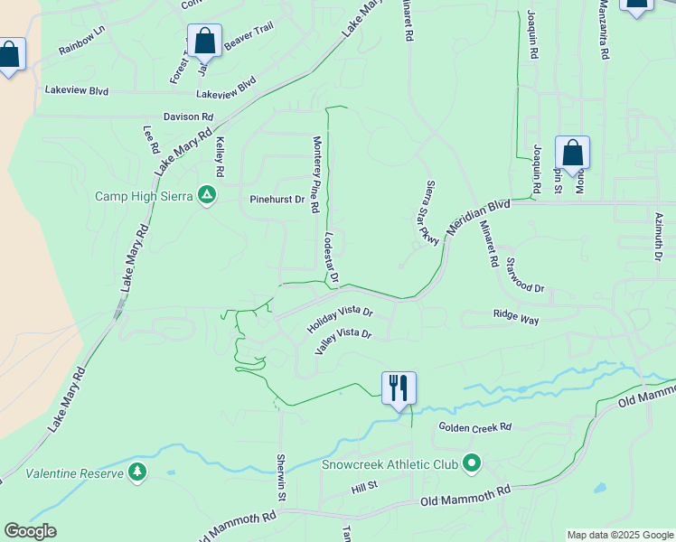 map of restaurants, bars, coffee shops, grocery stores, and more near 1100 Lodestar Drive in Mammoth Lakes
