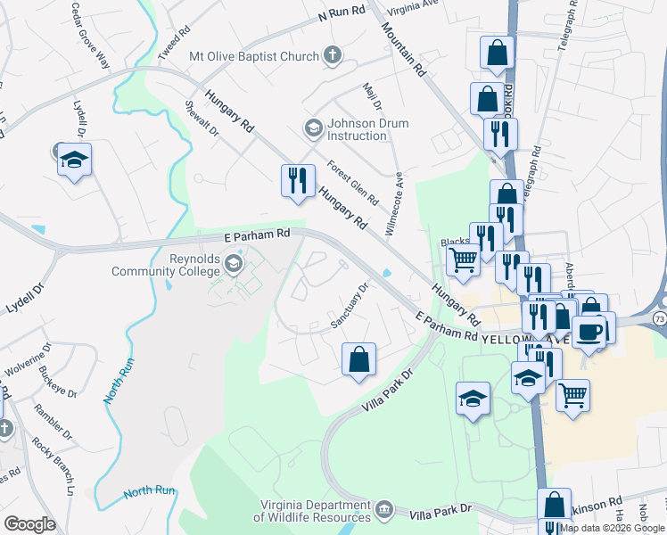 map of restaurants, bars, coffee shops, grocery stores, and more near 1500 Forest Run Drive in Richmond