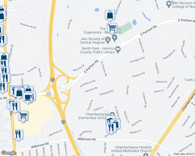 map of restaurants, bars, coffee shops, grocery stores, and more near 1108 Penobscot Road in Richmond
