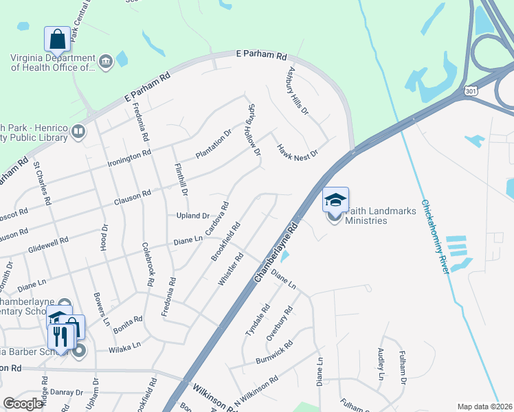 map of restaurants, bars, coffee shops, grocery stores, and more near 8315 Brookfield Road in Richmond