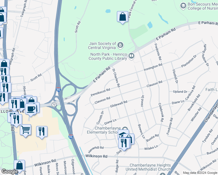 map of restaurants, bars, coffee shops, grocery stores, and more near 1108 Penobscot Road in Richmond