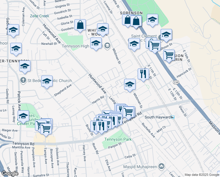 map of restaurants, bars, coffee shops, grocery stores, and more near 93 Cassia Drive in Hayward