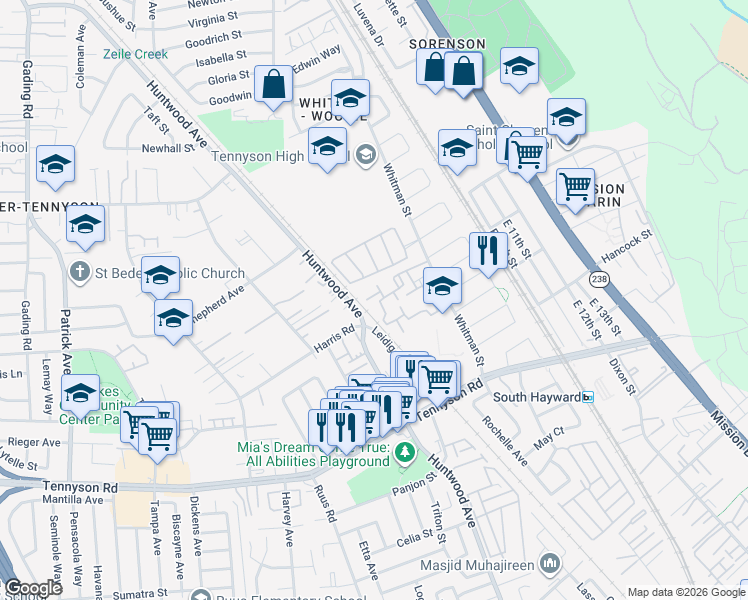 map of restaurants, bars, coffee shops, grocery stores, and more near 93 Cassia Drive in Hayward