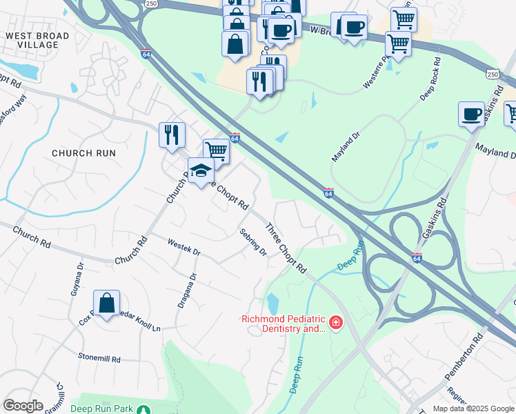 map of restaurants, bars, coffee shops, grocery stores, and more near 10908 Greenaire Place in Henrico