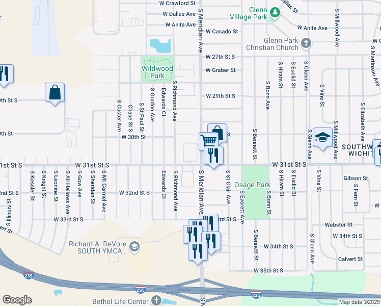 map of restaurants, bars, coffee shops, grocery stores, and more near 2526 West 31st Street South in Wichita