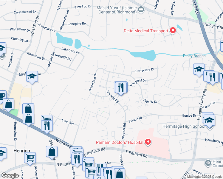 map of restaurants, bars, coffee shops, grocery stores, and more near 7733 Balla Court in Henrico