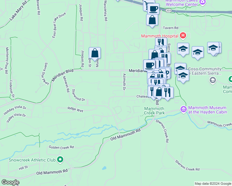 map of restaurants, bars, coffee shops, grocery stores, and more near 3547 Chateau Road in Mammoth Lakes