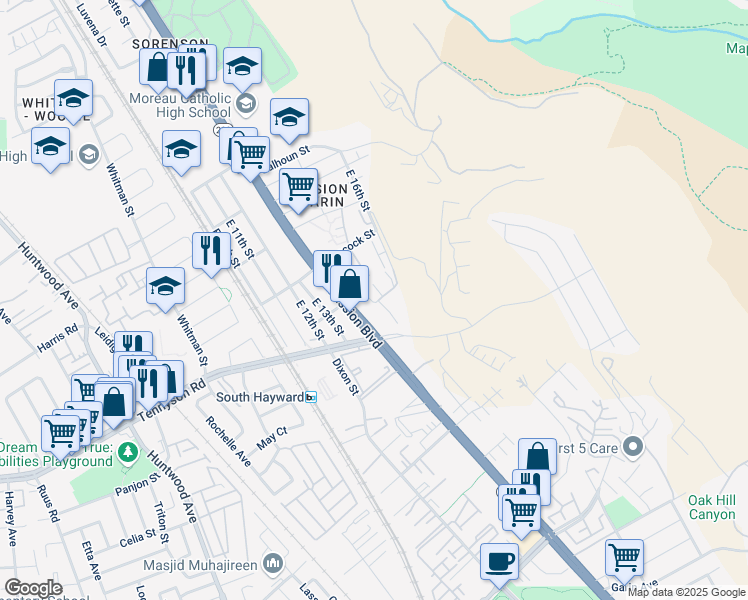 map of restaurants, bars, coffee shops, grocery stores, and more near 28496 Mission Boulevard in Hayward