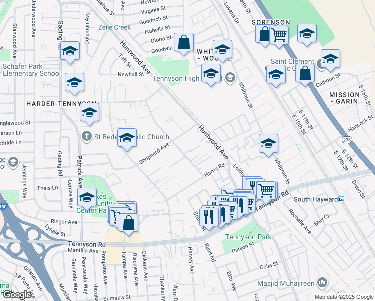 map of restaurants, bars, coffee shops, grocery stores, and more near 27340 Manon Avenue in Hayward