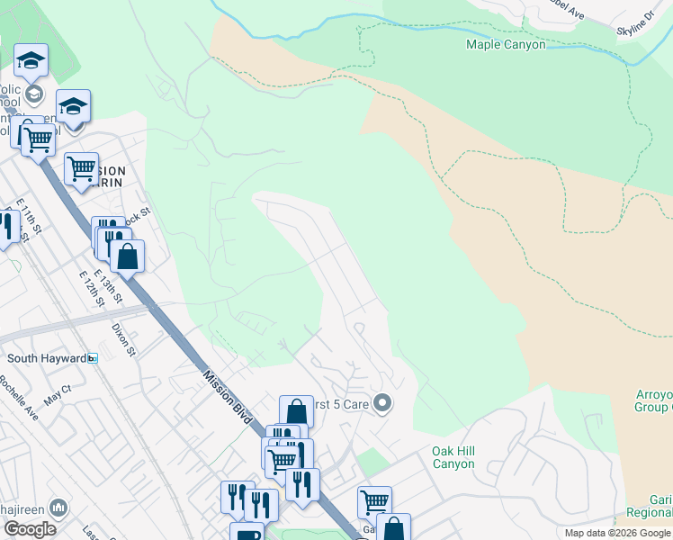 map of restaurants, bars, coffee shops, grocery stores, and more near 28780 Vista Grande Drive in Hayward