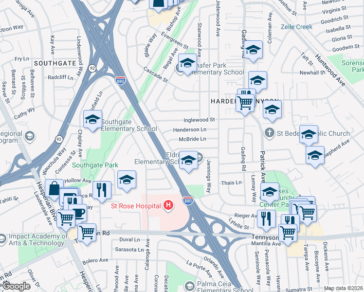 map of restaurants, bars, coffee shops, grocery stores, and more near 1328 McBride Lane in Hayward