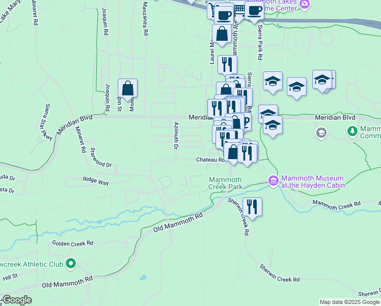 map of restaurants, bars, coffee shops, grocery stores, and more near 3252 Chateau Road in Mammoth Lakes