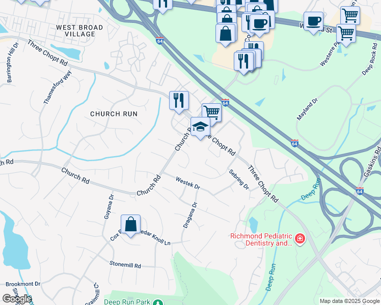 map of restaurants, bars, coffee shops, grocery stores, and more near 10049 Woodbaron Way in Richmond
