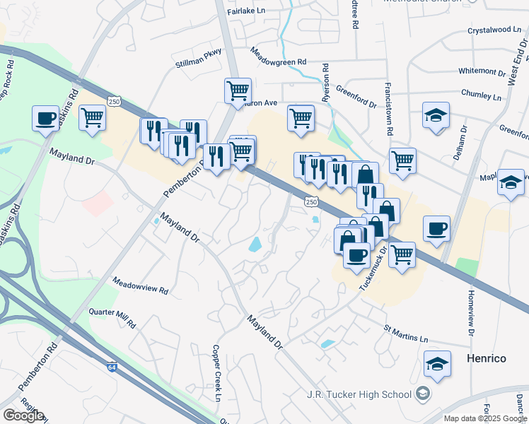 map of restaurants, bars, coffee shops, grocery stores, and more near 3513 Corum Drive in Henrico