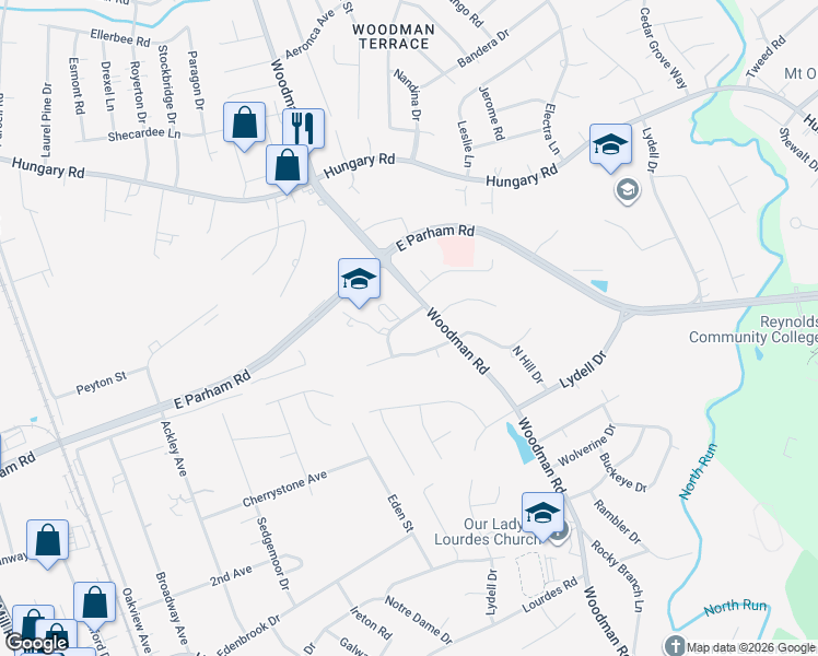 map of restaurants, bars, coffee shops, grocery stores, and more near 2305 Trevvett Drive in Richmond