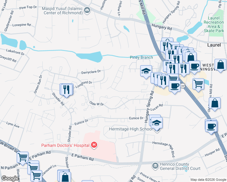 map of restaurants, bars, coffee shops, grocery stores, and more near 5500 Millstream Lane in Richmond
