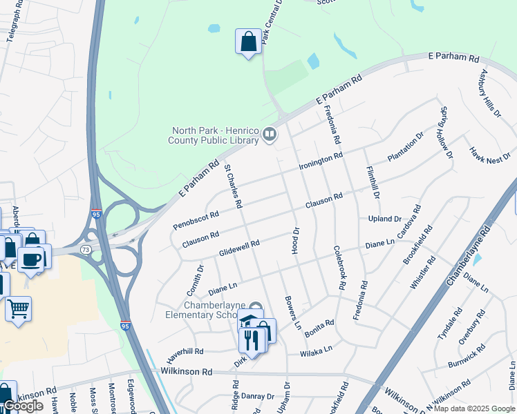 map of restaurants, bars, coffee shops, grocery stores, and more near 913 Penobscot Road in Richmond